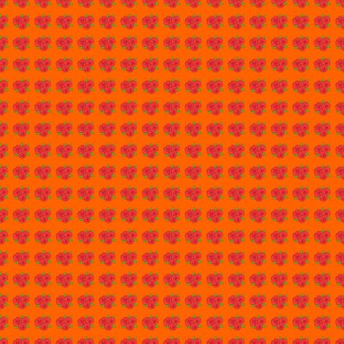 Turuncu arka planda, gül çiçekleri ve yeşil yapraklarla kusursuz bir desen. Çiçek arka planı.