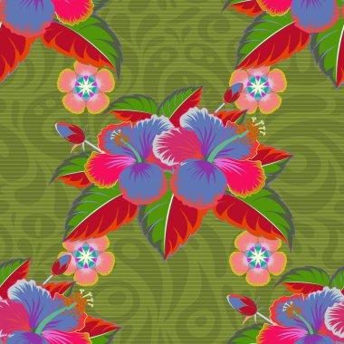 Motley vektör çizimi. Bir sürü tropik çiçekli, kusursuz egzotik desen. Açan orman.
