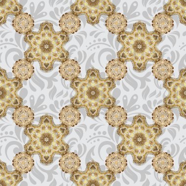 Vektör çizimi. Art deco tarzı. Puantiye, konfeti. Soyut geometrik modern arkaplan. Parlak fon. Gri ve altın pürüzsüz desen. Altın folyonun dokusu.