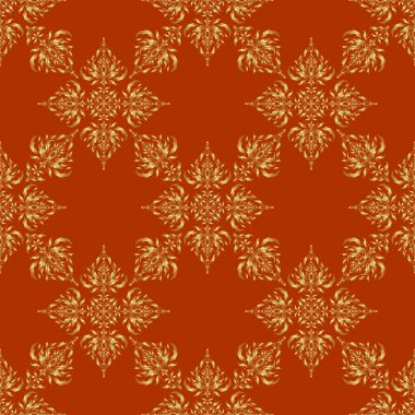 Vektör çizimi. Altın Elementli Zarif Noel Posteri Şablonu. Kahverengi bir arka planda lüks süslemeli kusursuz desen.