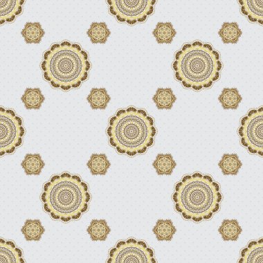 Şatafatlı çiçeksiz desen, düğme desenli doku, eski tarz dekoratif elementler. Vektör çizimi. Altın yıldızlı zarif altın süs, süslü gri arka planda filigran dekoru.