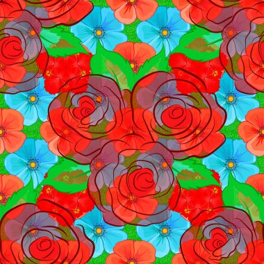 Yeşil arka planda gül çiçekleri ve yeşil yapraklarla soyut zarafet vektörü kusursuz desen.