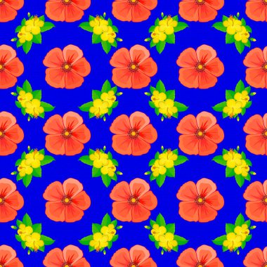 Dekoratif yaz amber çiçekleri mavi arka planda kusursuz desen, suluboya vektör çizimi.