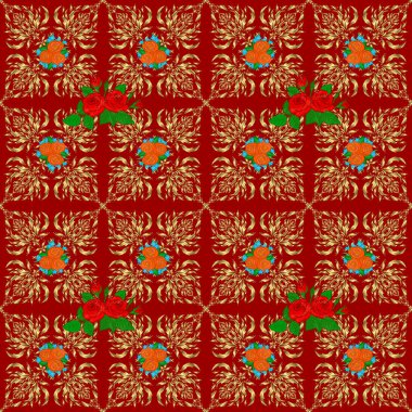 Dekoratif gül çiçekleri ve kırmızı arka planda yeşil yapraklı kusursuz arkaplan deseni.