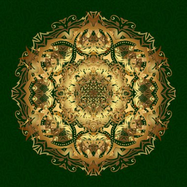 Mandala sunumu. Broşür broşürü, broşür kapağı katalog dergisi veya yıllık rapor için modern vektör şablonu. İş, bilim ve teknoloji tasarım kitabı düzeni. Yeşil arkaplanda altın yerleşim.