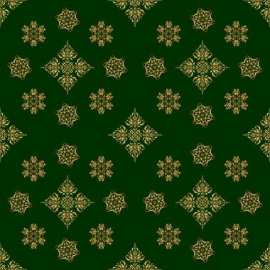 Altın süslemeli vektör desenli. Yeşil arkaplandaki altın doku.