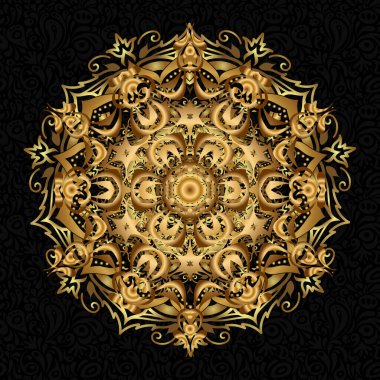 Siyah arka planda parlayan yıldızların olduğu kutsal geometri yuvarlak altın sembolü. Logo, oyun, kapak, kart için tasarım.