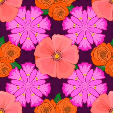Vektör çizimi. Dekoratif kozmos çiçekleri ve mor arkaplanda yaprakları olan kusursuz arkaplan deseni.
