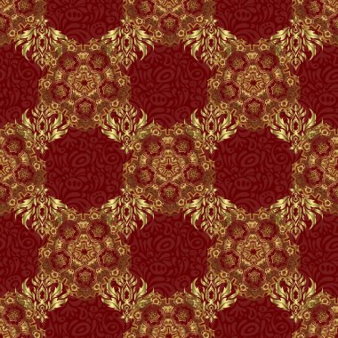 Vektör çizimi. Altın yıldızlı zarif altın süs, süslü kırmızı arka planda filigran dekoru. Lüks çiçeksiz desen, düğme desenli doku, eski tarz dekoratif elementler..