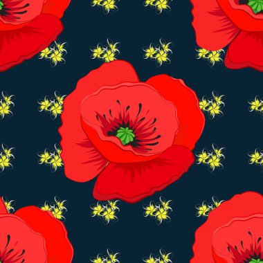 Koyu mavi arka planda kırmızı haşhaş ve su tesisatının vektörsüz deseni. El çizimi. Kusursuz çiçek arkaplanı.