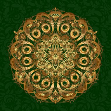 Davetiye kartı. Vektör vintage desen. Yeşil arka planda Mandala altını.