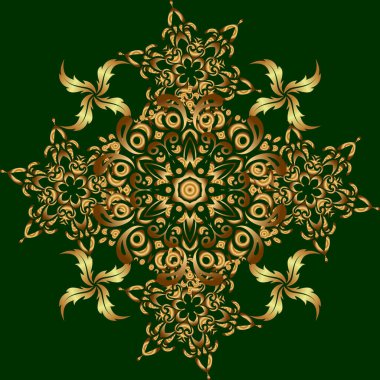 Kutlama kartlarını süslemek için alet çantası. Parlayan ışıklarla yeşil arka planda altın parıltılı süsler. Yeşil zemin üzerinde kusursuz altın elementler deseni.