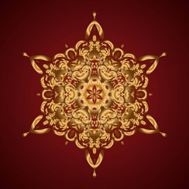 Dekoratif vektör süslenmiş altın mandala simgesi kart için izole edilmiş, kırmızı zemin üzerinde altın mandala. Davetiye kartı, hatıra defteri, pankart, kartpostal, dövme, yoga, boho, sihir, halı, fayans veya dantel için.