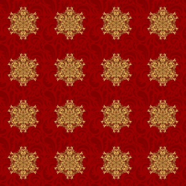 Mandala Zlato Kmenový Vinobraní Skica Medailonem Červeném Pozadí Vzor Abstraktním — Stockový vektor