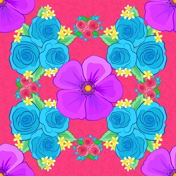 ベクトルイラスト スタイリッシュなバラの花と青 ピンクと紫の色の緑の葉とシームレスな花のパターン — ストックベクタ