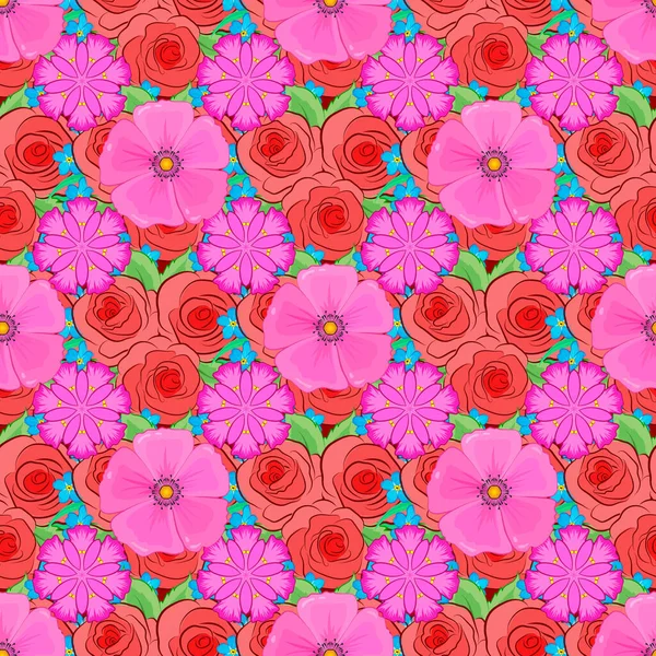Nahtloses Muster Mit Dekorativen Sommerrosenblüten Und Grünen Blättern Auf Rotem — Stockvektor