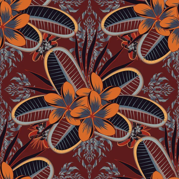 El yazısı vektör tesisat çiçekleri, pullar, anahtarlar. Turuncu, kahverengi ve gri renklerde klasik dikişsiz desen.