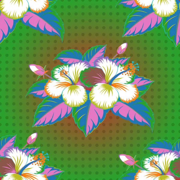 紫罗兰色 米黄色和绿色图案 带有热带图案 可用作纹理 包装纸 纺织品设计 热带芙蓉花的病媒无缝模式 — 图库矢量图片