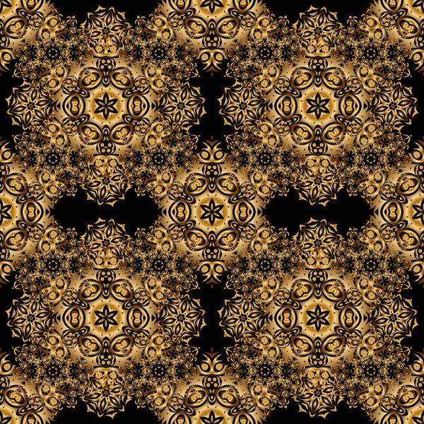 Vektör çizimi. Şatafatlı, pürüzsüz altın süs deseni. Siyah arka planda stilize dalgalar..