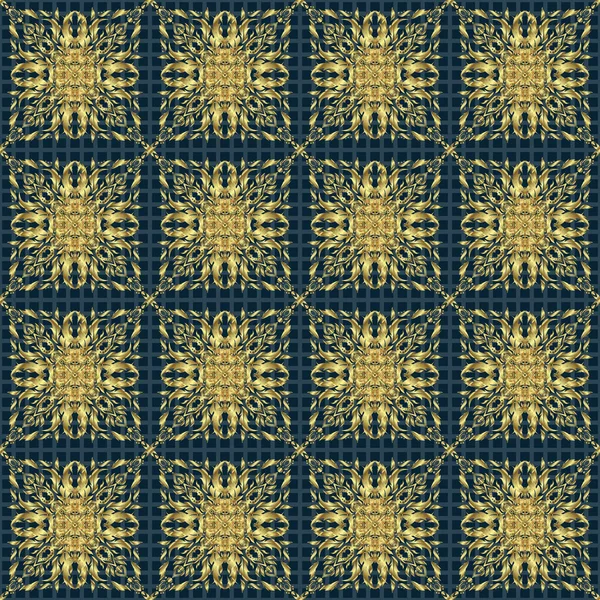 ヴィンテージ黄金のシームレスパターン 黄金の花の装飾錦のテキスタイルパターン ガラスパターン 青の背景に花の要素を持つ金の金属 — ストックベクタ