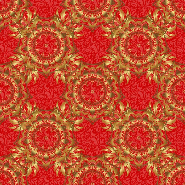 Kusursuz vektör altın süsü. Kırmızı zemin üzerinde altın tekrarlayan elementlerle modern geometrik kusursuz desen.