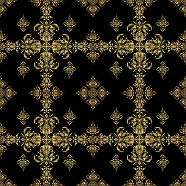 シームレスな幾何学模様 金色の質感 黄金の要素を持つ幾何学的な装飾 黒の背景に金のグラデーションとベクトルシームレスパターン 概要幾何学的スケッチ — ストックベクタ