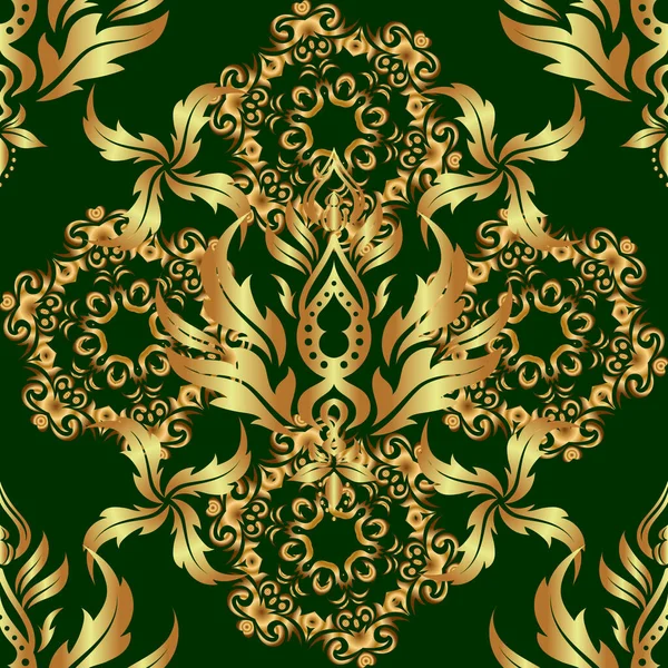 Векторні Елементи Золотих Шаблонів Золотий Квітковий Безшовний Візерунок Зеленому Прикрашений — стоковий вектор