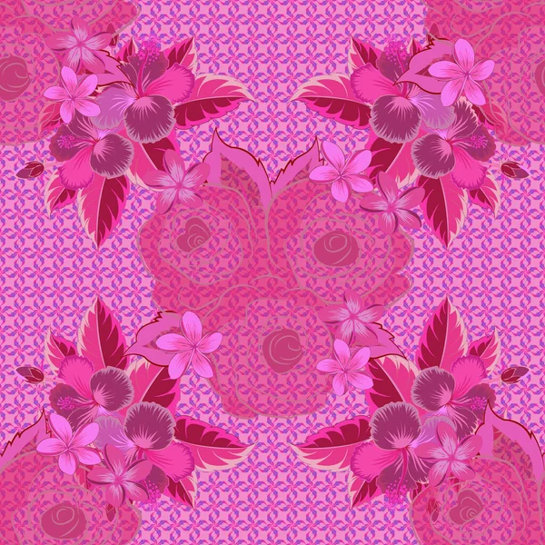 ピンク マゼンタ色のヴィンテージ抽象ベクトル花シームレスパターン 曲線的なエレガントなスタイルのバラの花 葉や抽象的な花の装飾を形成するスクロールを交差 アラビア風 — ストックベクタ