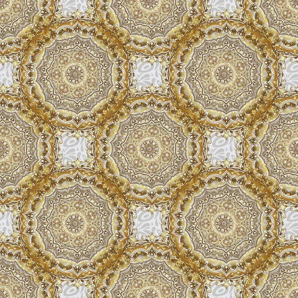 Geleneksel Hint tarzı, kına dövmeli altın elementler, altın çıkartmalar, mehndi ve yoga tasarımı, kartlar ve baskılar. Vektör altın mehndi Gri üzerinde kusursuz desen.