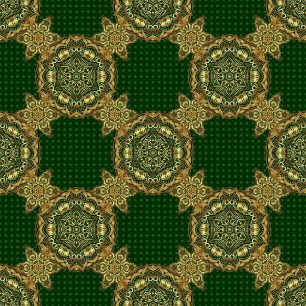 Abstract Classic Seamless Pattern Golden Elements Green Background Ornamento Vectorial — Vector de stock