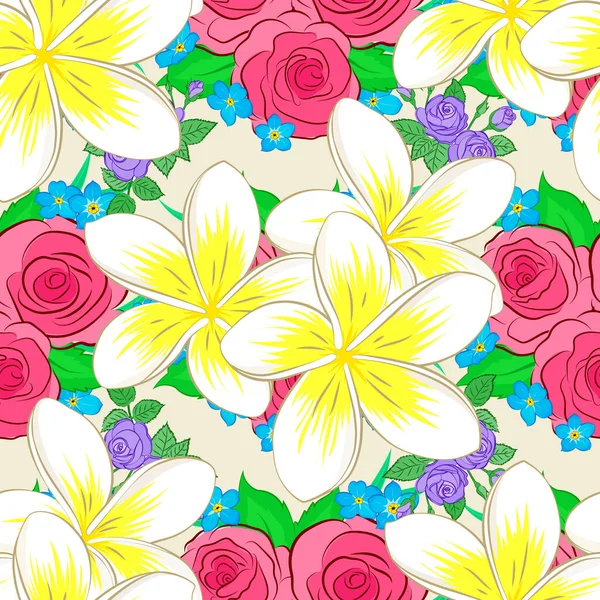 Padrão Floral Sem Costura Flores Plumeria Bonito Fundo Bege Ilustração — Vetor de Stock