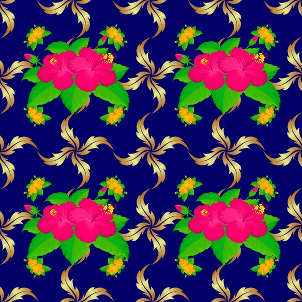 Коллекция Текстильного Дизайна Retro Шелковый Шарф Цветками Гибискуса Мадженты Синего — стоковый вектор