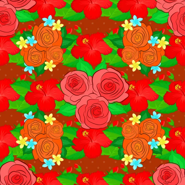 重复传病媒介玫瑰花和绿叶图案 现代莫特利花无缝图案的绿色 橙色和红色 花色印刷 — 图库矢量图片
