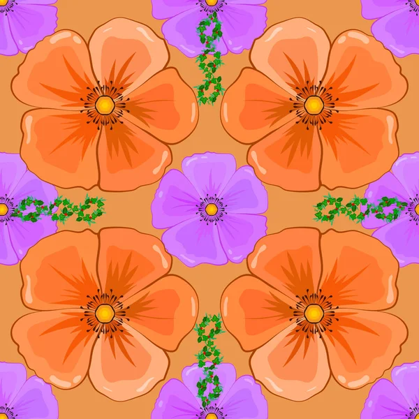 ウェブページ 結婚式の招待状 壁紙のベクトルロマンチックな背景 水彩コスモスはベージュ オレンジ バイオレットの色でシームレスなパターンを花 — ストックベクタ