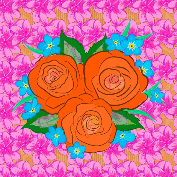 ベクトルイラスト 桃の花と緑の葉を持つ茶色の背景にシームレスな花パターン — ストックベクタ