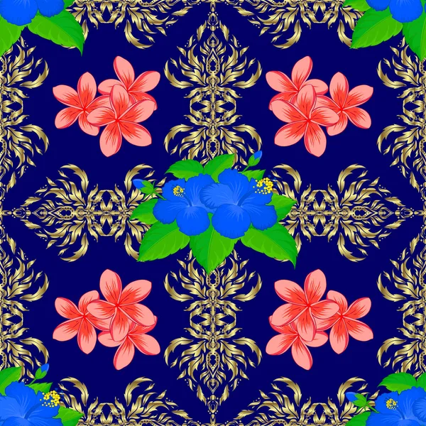 Vektor Nahtloses Hintergrundmuster Mit Stilisierten Blüten Und Blättern Blauen Neutralen — Stockvektor