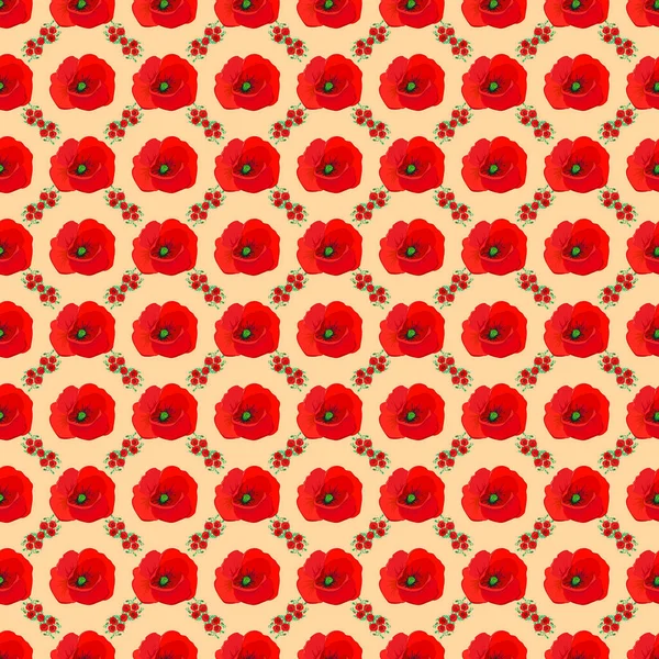 Seamless Vector Pattern Red Poppy Green Leaf Beige Background — Stock Vector