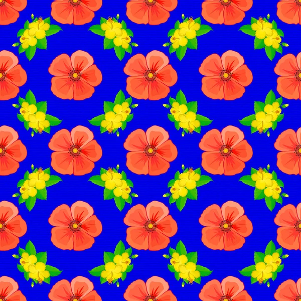 Motif Ininterrompu Avec Fleurs Hibiscus Été Décoratives Sur Fond Bleu — Image vectorielle