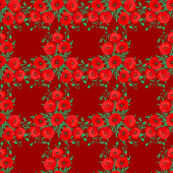 红色背景上有装饰罂粟花的少数民族植物无缝图案 矢量说明 — 图库矢量图片