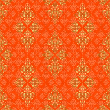Altın yıldızlı zarif altın süs, süslü turuncu arka planda filigran dekoru. Şatafatlı çiçeksiz desen, düğme desenli doku, eski tarz dekoratif elementler. Vektör illüstrasyonu.