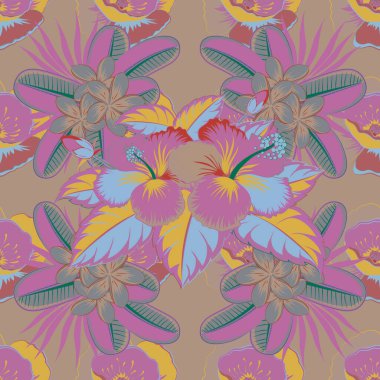Tropikal bitkiler ve pembe, mor ve gri amber çiçekleri ile yaz Hawaii 'de pürüzsüz desen. Kusursuz Vektör illüstrasyonu.