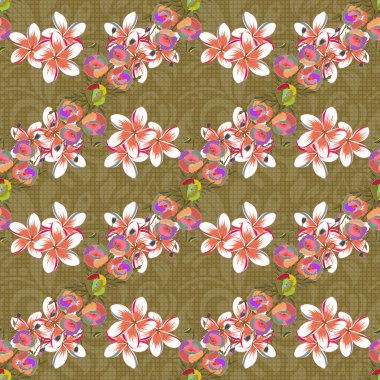 Vektör çizimi. Parlak, güzel, kusursuz bir arka plan. Soyut şirin çiçek deseni turuncu, yeşil ve mavi renklerde.