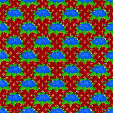 Yatak çarşafları, ceket, paket tasarımı, kumaş ve moda kavramları için tekstil baskısı. Kırmızı zemin üzerinde amber çiçekleri ve yaprakları olan kusursuz bir desen. Suluboya efektli çiçek arkaplanı.