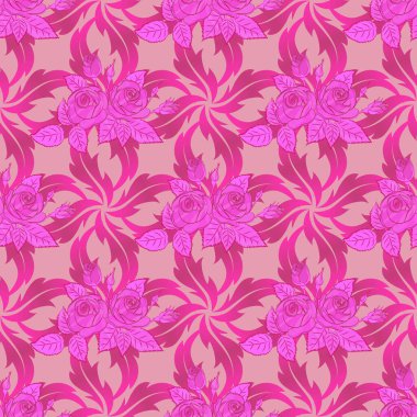 Vektör suluboya deseni. Mor ve pembe renklerde güzel ve soyut gül çiçekleri..