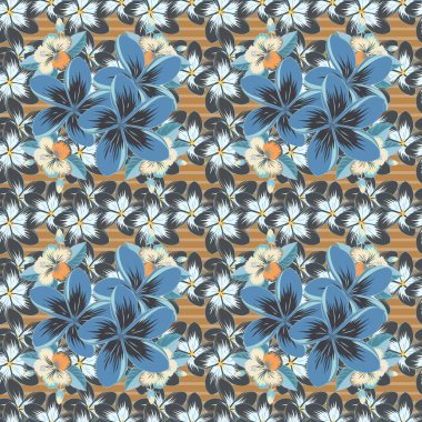 Geometrik yaprak süsü. Gri, mavi ve bej renklerde kusursuz soyut çiçek deseni. Plumeria çiçekleriyle kusursuz desen. Güzel vektör arkaplanı. Grafiksel modern desen.