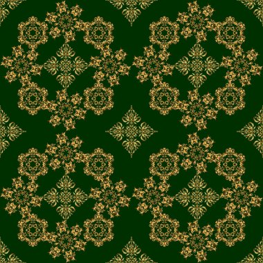 Kusursuz soyut arka plan ve altın tekrarlayan elementler. Yeşil ve altın desenli. Zarif vektör klasik altın pürüzsüz desen.