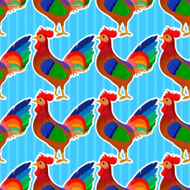 Renksiz sik arka planı. Mavi arka planda sevimli bir horozla. Elle çizilmiş horoz çizimi. Vektör illüstrasyonu.