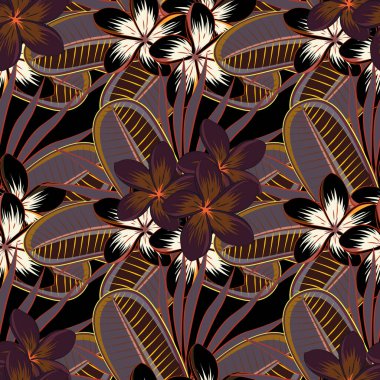 Grafiksel modern model. Plumeria çiçekleriyle kusursuz desen. Geometrik yaprak süsü. Güzel vektör arkaplanı. Kahverengi, kırmızı ve bej renklerde kusursuz soyut çiçek deseni.