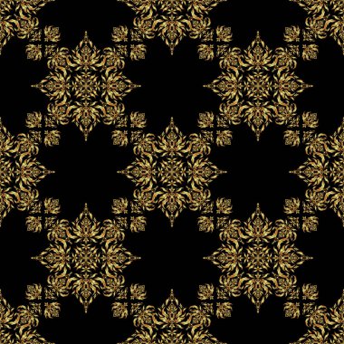 Siyah arka planda Victoria tarzı elementler. Davetiyeler için dekorasyon, tebrik kartları, teşekkür mesajı. Altın çiçekli, pürüzsüz desen. Tasarım için vektör açgözlülüğü ve vignette.