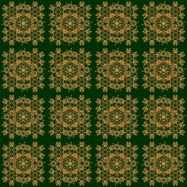 Yeşil arka planda altın işlemeli kusursuz vintage desen. Kumaş baskısı, hatıra defteri, hediye paketi için..